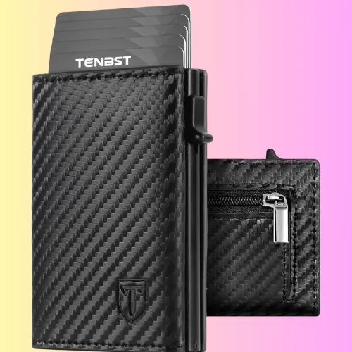 TENBST Men's Slim Wallet with Coin Compartment, Card Case with RFID Protection, Wallet for Men, Credit Card Holder Small with Gift Box, carbon black, 1, Minimalist
